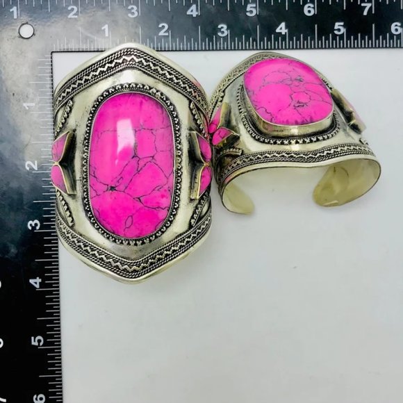 Single Vintage Afghan Cuff: Pink Stone Tribal Boho Bracelet - Picture 8 of 9